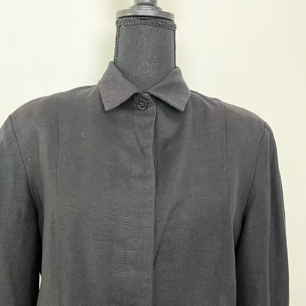 Herman Geist‎ Linen Blazer Jacket Sz10 Black Hidden Buttons Closure Professional